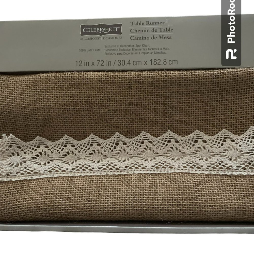 BNWOT TABLE RUNNER 100% JUTE WITH LACE  12X72 INCHES